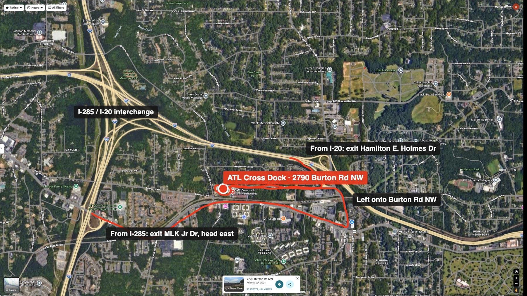 Route from I-285 and I-20 to Burton Rd NW